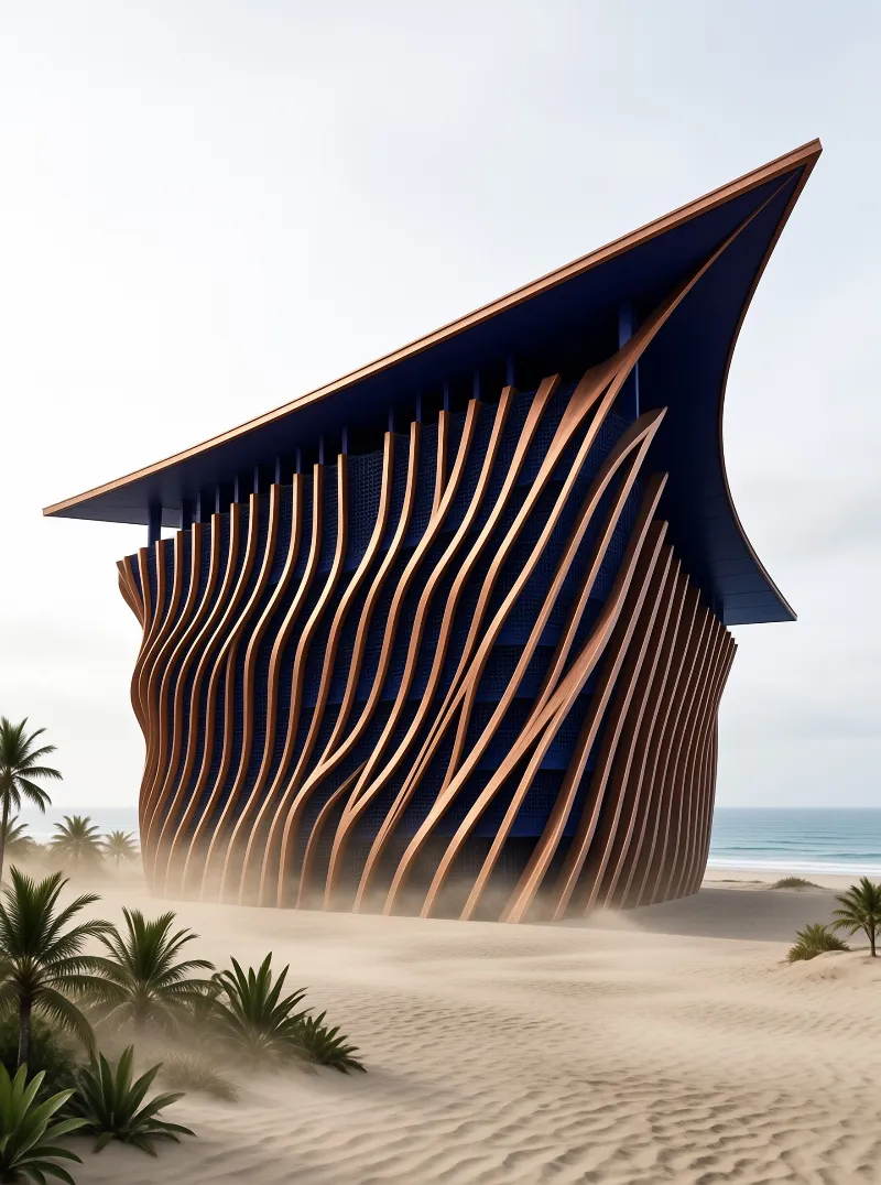 A modern building with undulating brown fins stands on a misty sandy shore near palm trees and the sea.