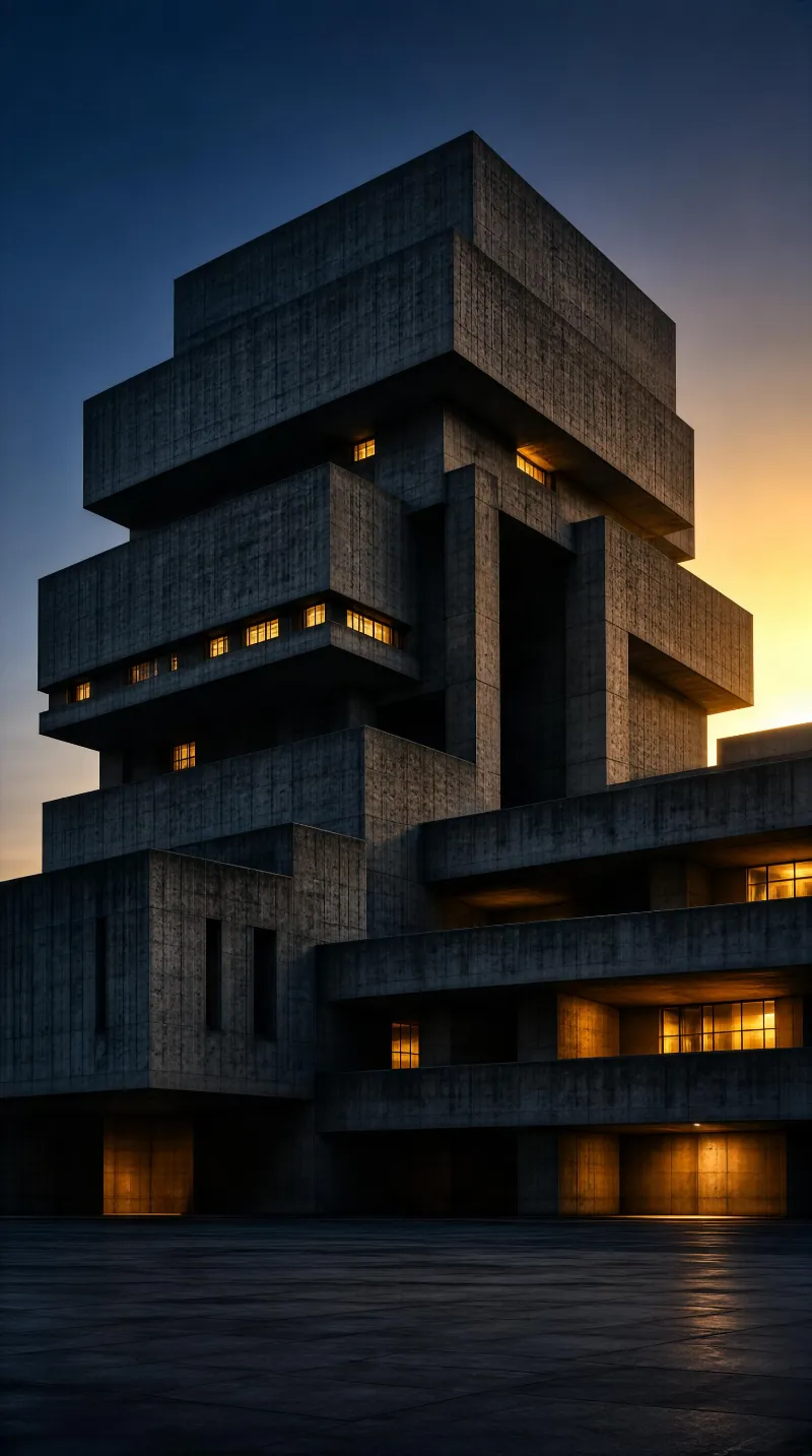Brutalist Building at Dusk