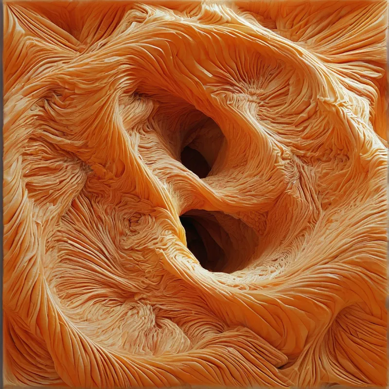 An orange rock tunnel displays swirling striated layers forming a dark opening within a textured abstract surface.