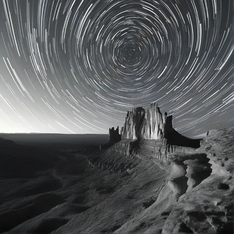 Swirling star trails circle the night sky above a rugged desert landscape in monochrome tones.