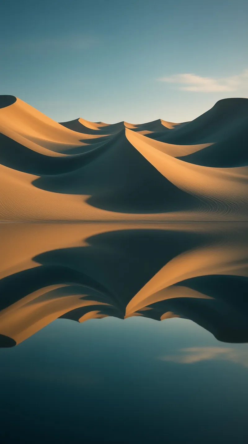 Sculpted desert hills cast deep shadows across a bright horizon with a seamless mirror reflection cutting through the frame.