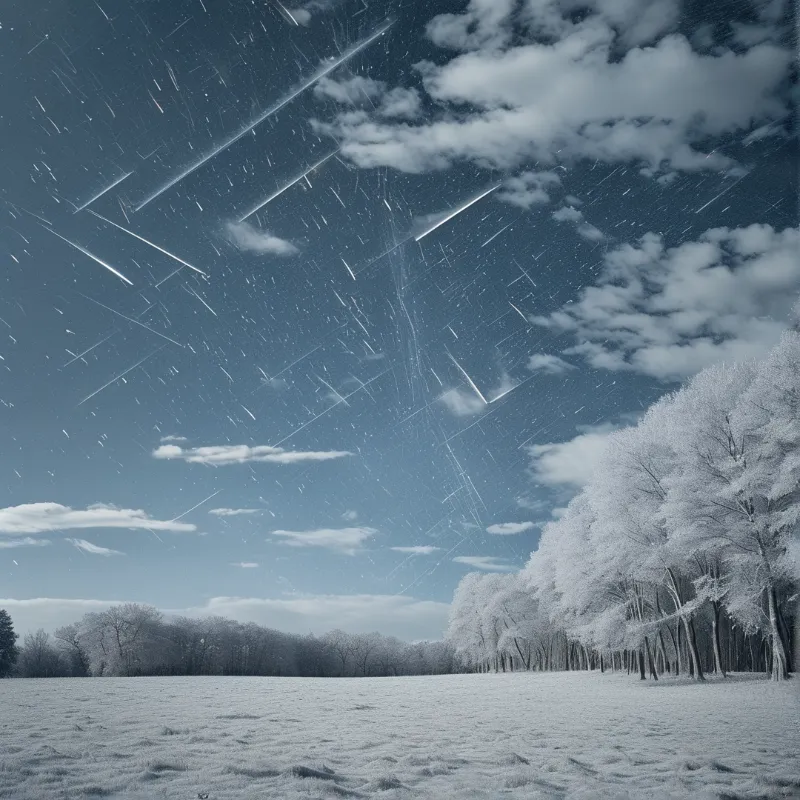 A wide view of a snow covered forest and open field with bright meteor streaks crossing a deep blue cloudy sky.