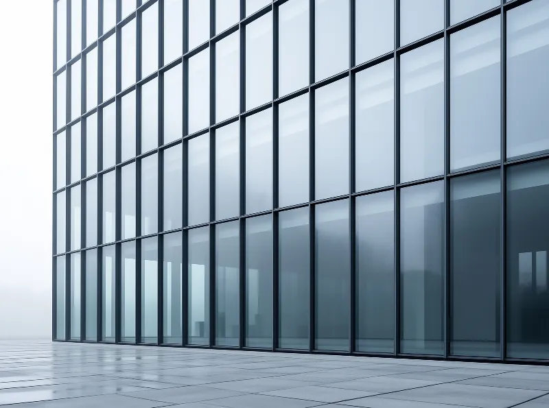 A modern glass building with a grid pattern stands in thick fog near a paved walkway.