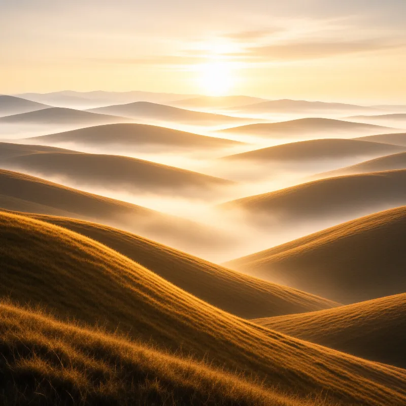 Waves of golden grass cover rolling hills while low clouds fill the valleys beneath a bright rising sun.