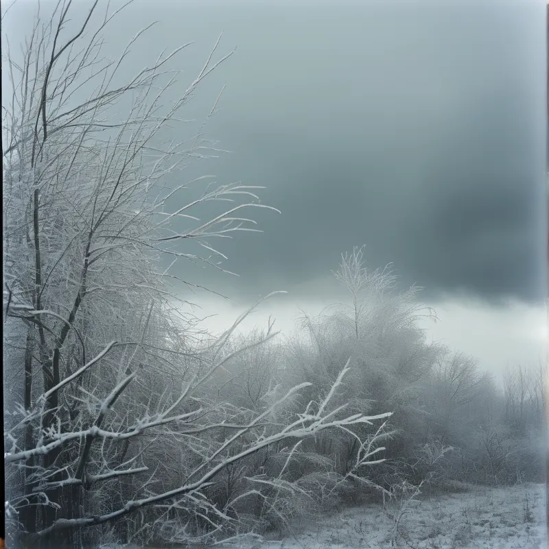 Bare trees and bushes covered in heavy frost stand within a foggy winter landscape under diffuse light.