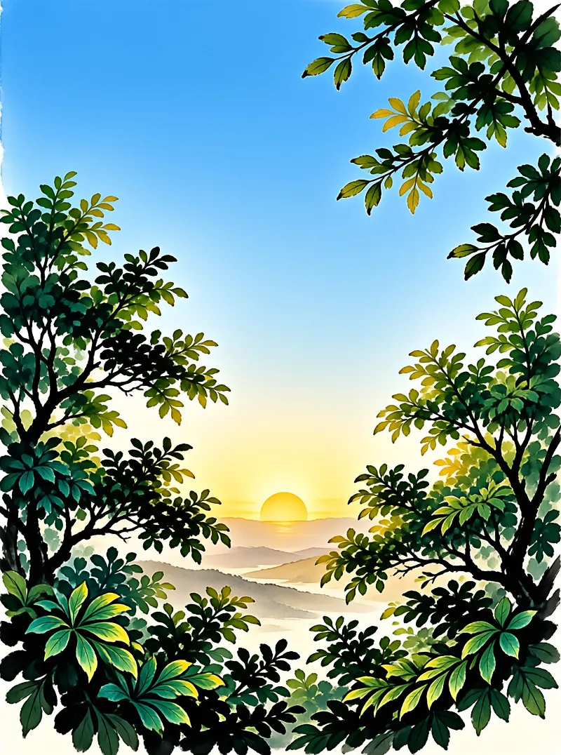 Painted green foliage forms a natural border around a glowing sun lifting above layered ridges in soft morning haze.