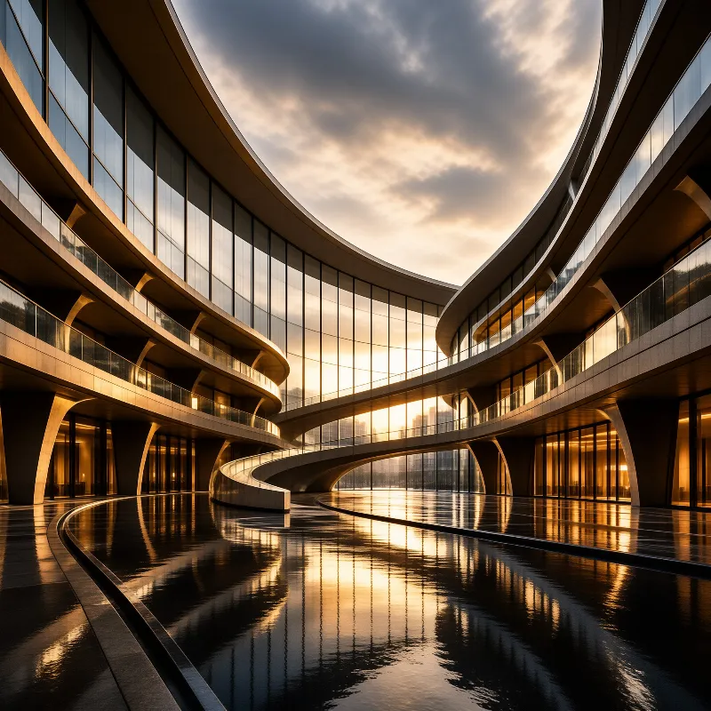 A sweeping modern building of curved glass balconies reflects warm sunset light across a polished dark atrium floor