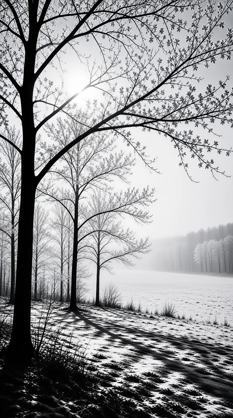 Tall leafless trunks throw long dark shadows across crusted snow as pale sun filters into winter haze