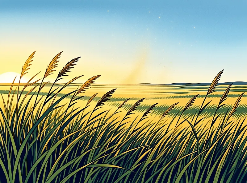Stylized illustration of tall grass in the foreground with a gradient sky transitioning from blue to yellow.