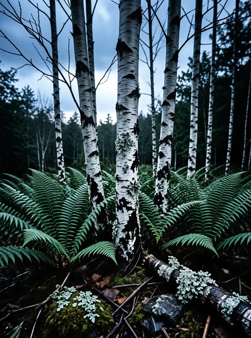 Tall white birch trees stand vertically amidst lush green ferns under an overcast sky.