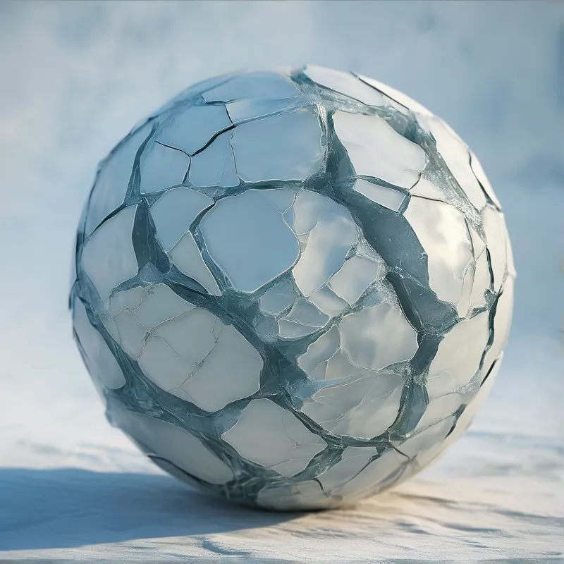 A clear frozen ball splits along white veins as it sits on a glittering crust of cold snow.