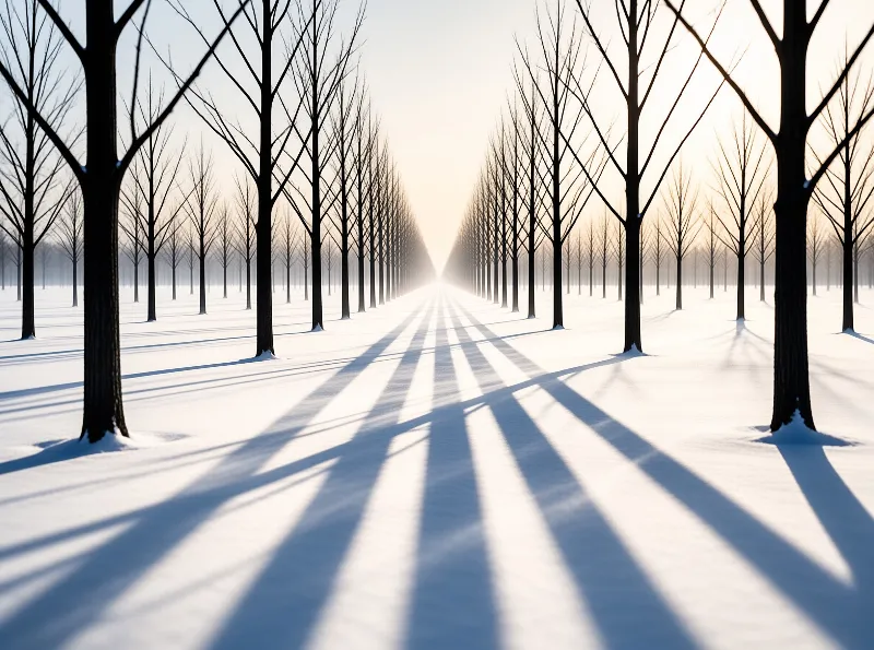A snowy path lined with bare trees stretching toward a bright horizon, casting long shadows across the white ground.