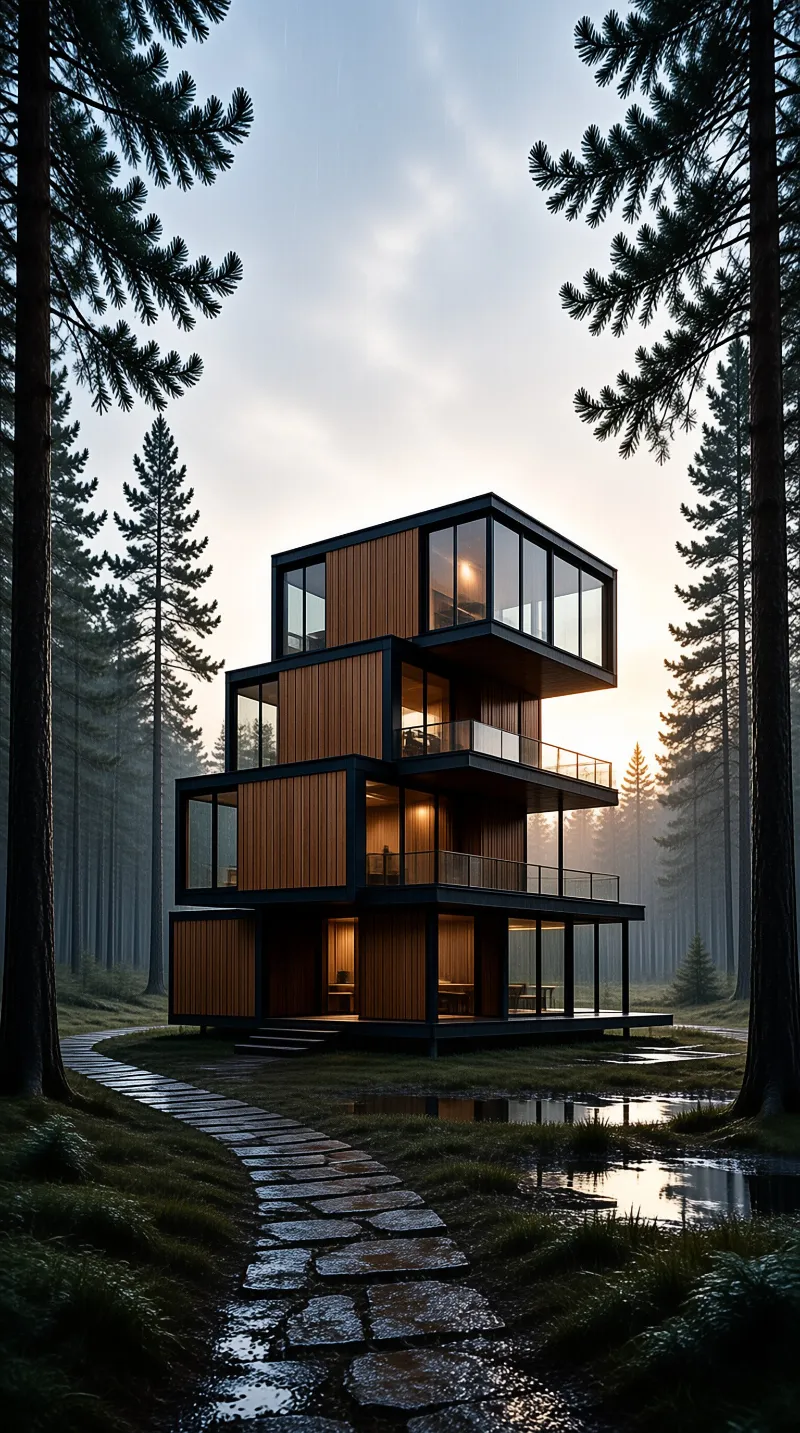 A boxy modern residence of wood and glass glowing softly amid tall pines at dusk.