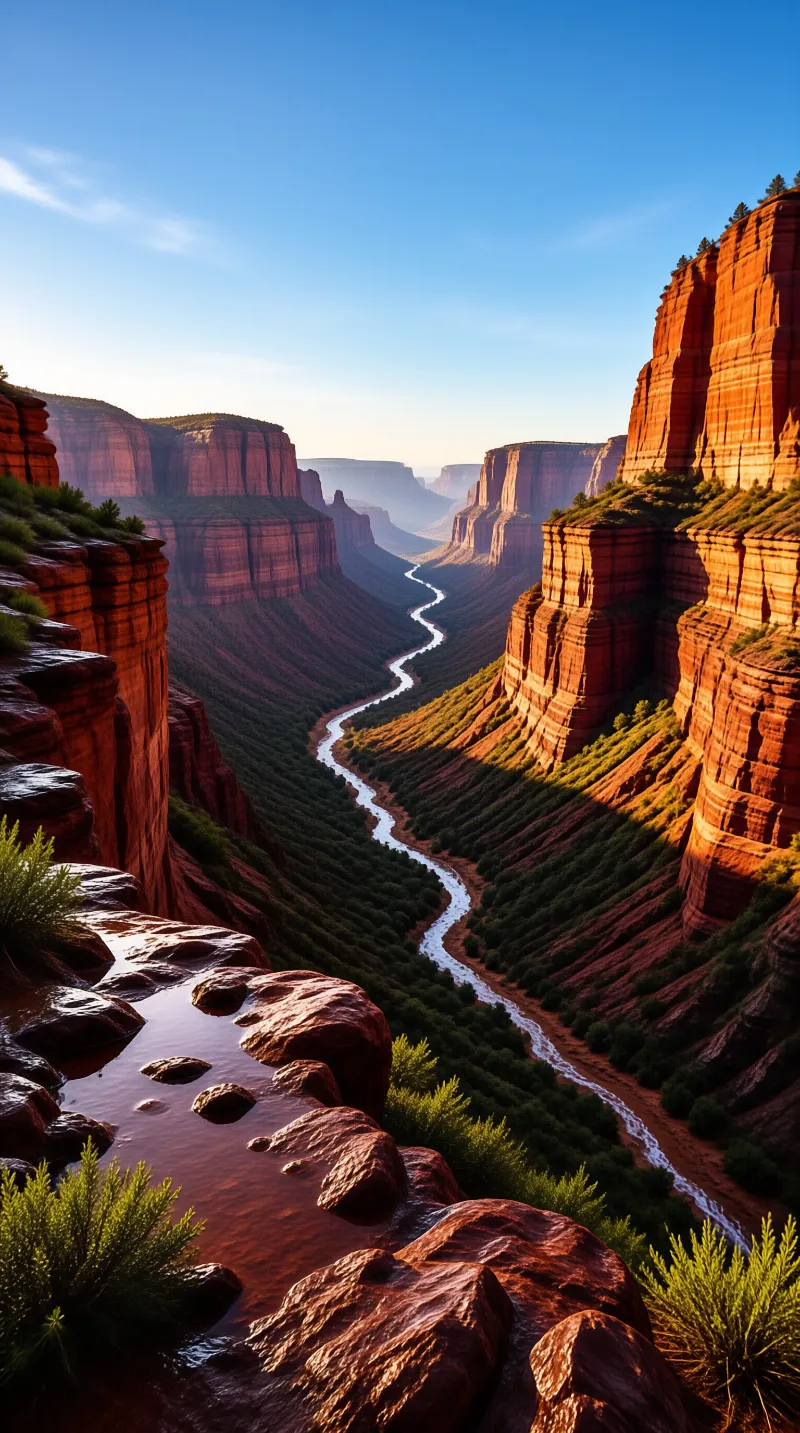 A silver ribbon of water snakes between towering sandstone walls streaked with green scrub under a clear blue morning sky