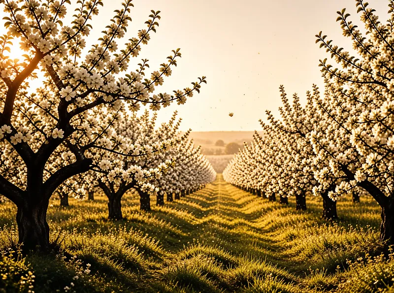 Multiple lines of blossoming fruit trees stand in a grassy field bathed in the golden light of sunset.