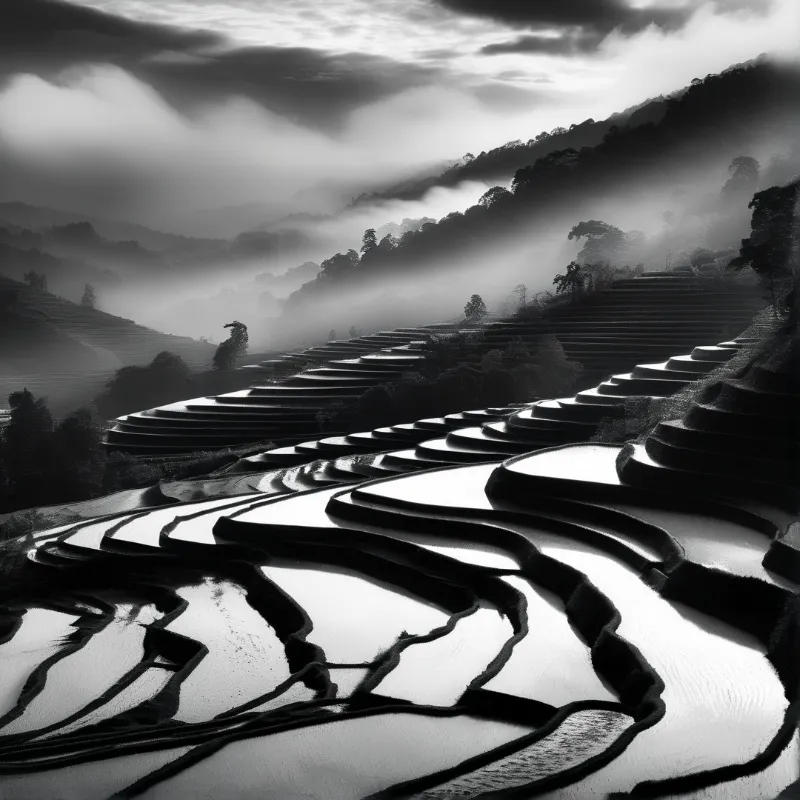 Flooded agricultural steps curve along a forested hillside beneath a heavy overcast sky