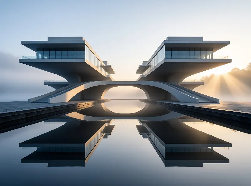 A symmetrical modern building stands over calm water with golden sunlight shining through trees on the right.
