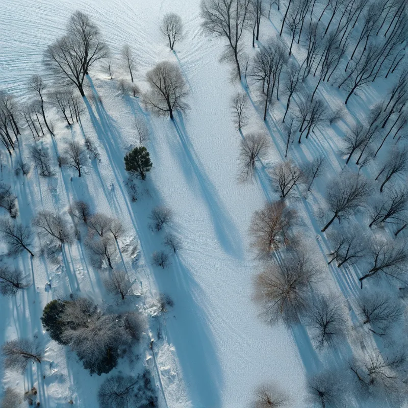 Snow covered leafless trees and one small evergreen in wintry forest, low sun casts long blue shadows across flat snow.