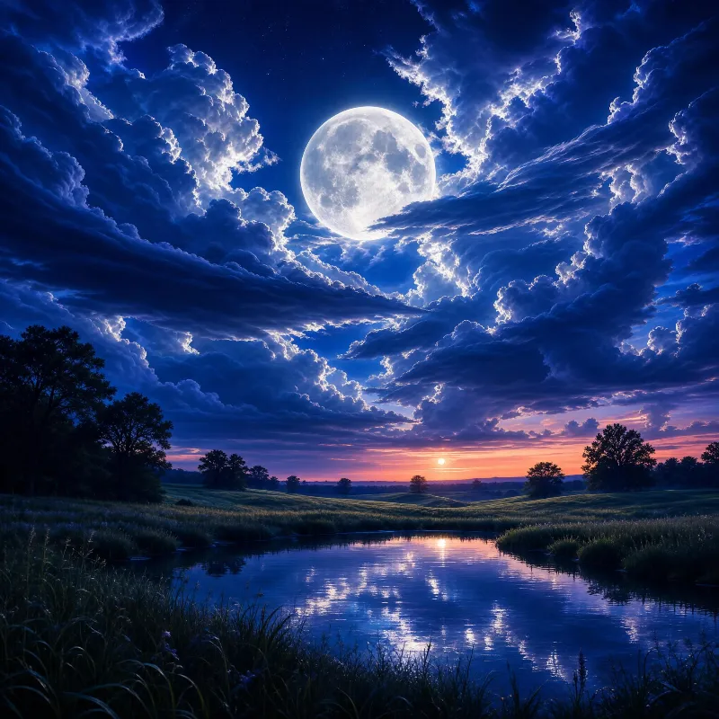 Moonlit Night Over Pond