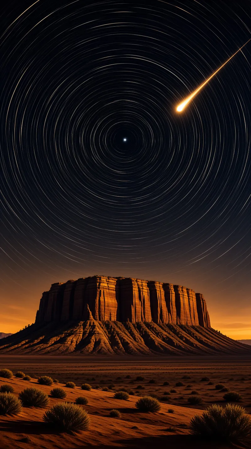 A bright meteor streaks across a dark sky filled with circular star trails above an orange desert mesa.