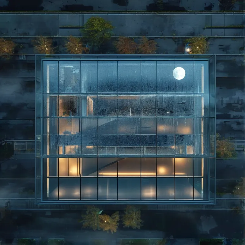 A glass building glows with warm interior light while rain covers the facade and a full moon shines through upper windows.