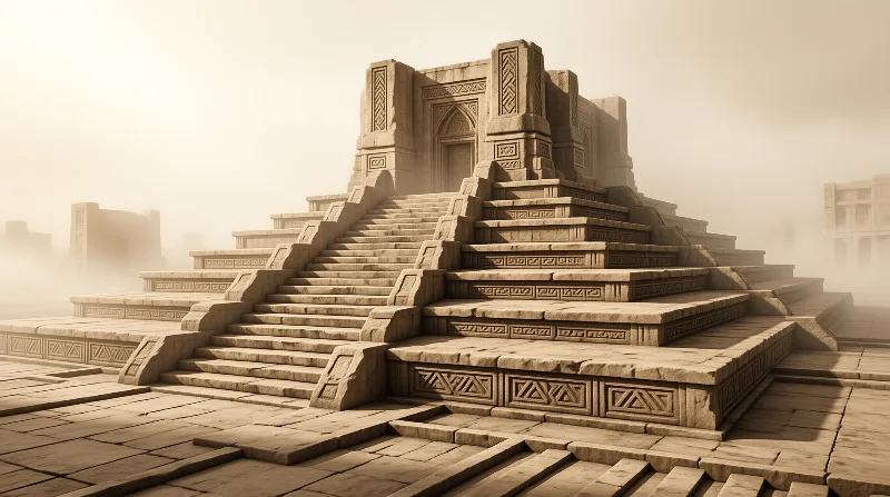 Wide stone staircases lead up to an ornate ancient monument partially obscured by dense desert fog and warm golden haze.