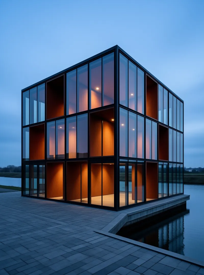 Glass cube building with warm orange glow stands on riverbank at twilight, its reflection mirrored below