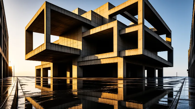 Concrete building stands against a blue sky, with golden sunlight highlighting geometric forms and reflecting on pavement.