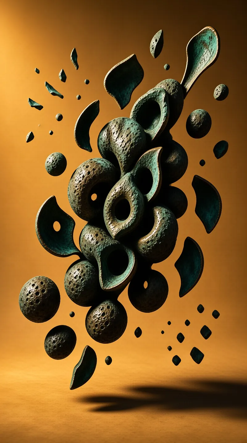 A cluster of textured dark teal metal objects with holes floats dynamically against a smooth glowing amber background.