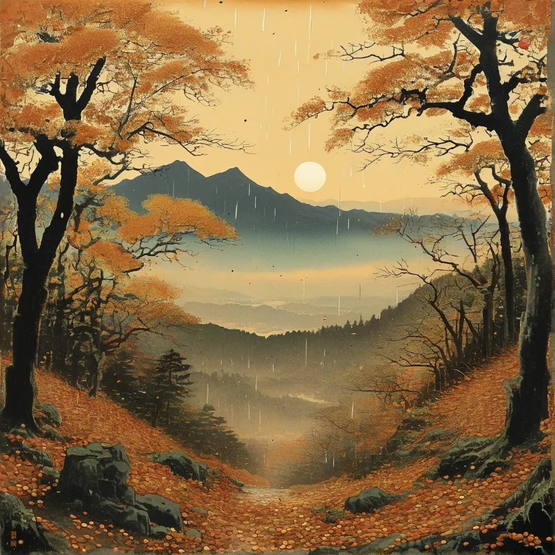 An east asian style painting shows rust foliage, misty peaks and rain streaks beneath a pale sun.