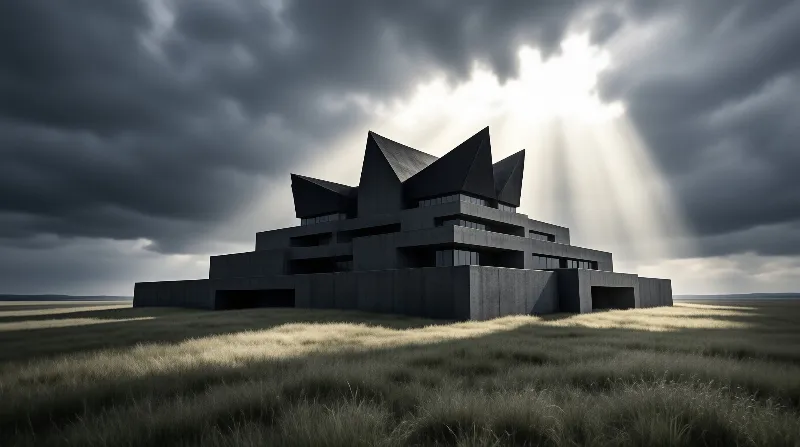 A tiered charcoal building crowned with sharp fins stands in wild grass as sun rays pierce storm clouds.