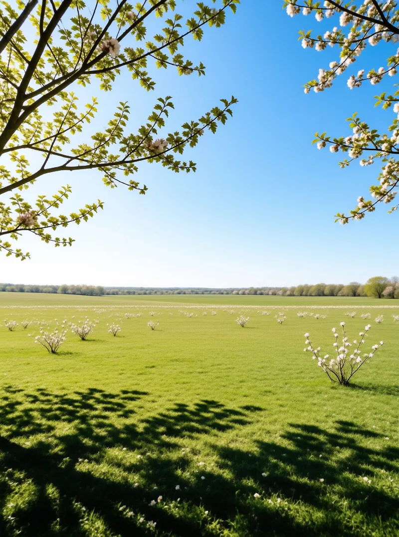 White-flowered bushes dot fresh green grass beneath a wide blue sky edged by leafy branches.
