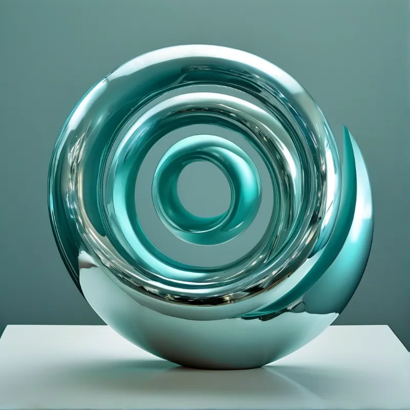A glossy teal and silver abstract sculpture rests on a white surface against a muted blue-grey background.