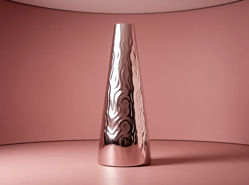 A tapering polished vessel with rippled hammer marks reflects bright bands of light against a curved rose colored set.