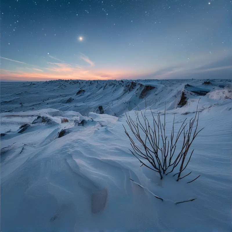 Wind-carved snow dunes stretch toward a pink twilight horizon under a starlit sky.