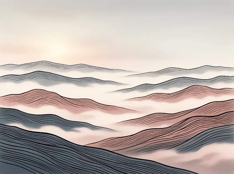 Layered mountain ridges separated by mist feature horizontal hatching in grey and pink on a pale sky.