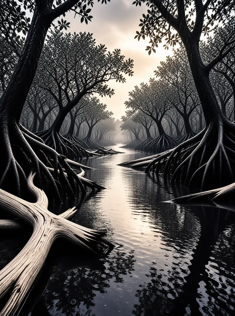Dark tree trunks with exposed roots line a narrow waterway reflecting soft distant light in monochrome tones.