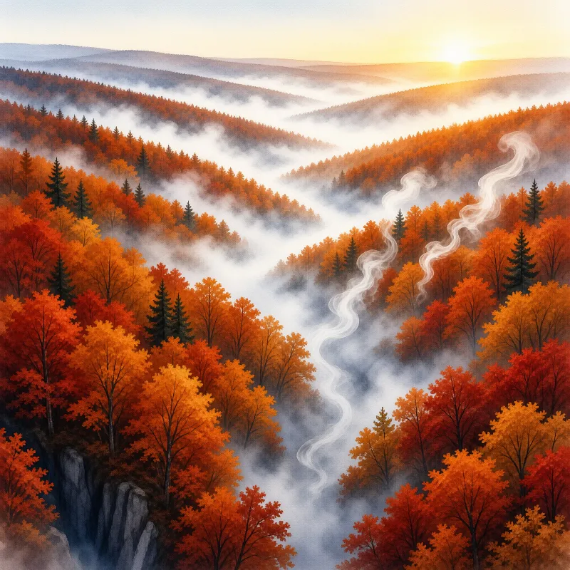 A sweeping view of rolling hills covered in vibrant orange autumn trees, with white vapor rising through valleys at sunrise.