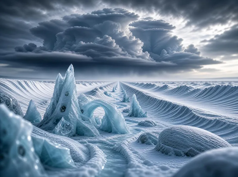 A snowy landscape with ice spires, one featuring bubble details, under a dramatic sky filled with dark clouds.