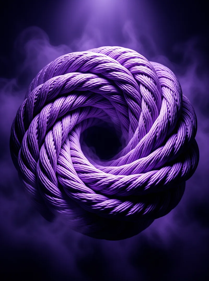 A complex purple rope knot floats in a dark smoky atmosphere with dramatic lighting highlighting its twisted fibers and deep shadows.