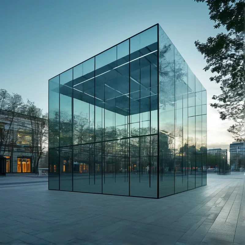 A transparent geometric cube stands on a paved square reflecting surrounding trees and city lights under a soft blue sky.