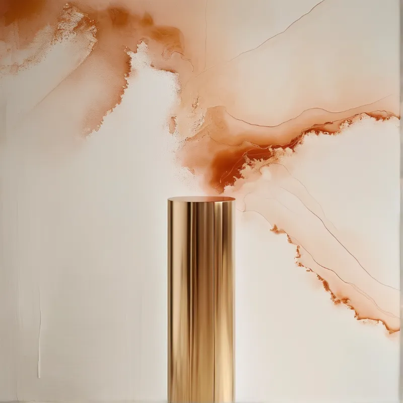 A polished gold cylindrical column stands centered against an abstract flowing brown and cream patterned background with soft diffused lighting