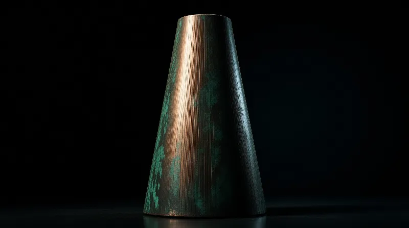 A tapering sculpture of weathered metal with green oxidation stands on a dark surface under dramatic side lighting.