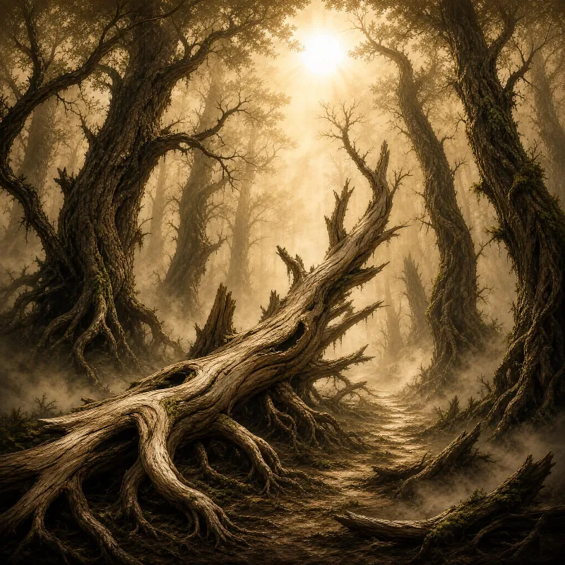 A twisted, fallen tree lies across a misty ancient forest with towering trees and a glowing golden sun filtering through the haze