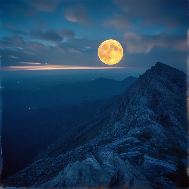 A large glowing moon hangs above a jagged rocky ridge while deep blue shadows cover the distant landscape below.