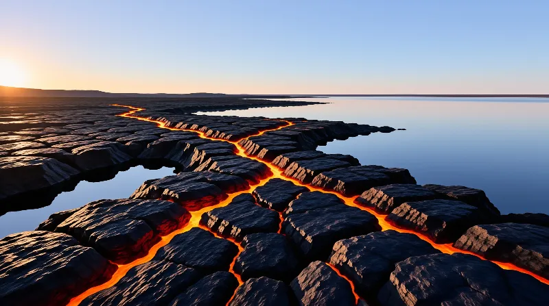 Wide view of dark angular stone slabs cracked open by streams of bright orange fire under a pale sky.