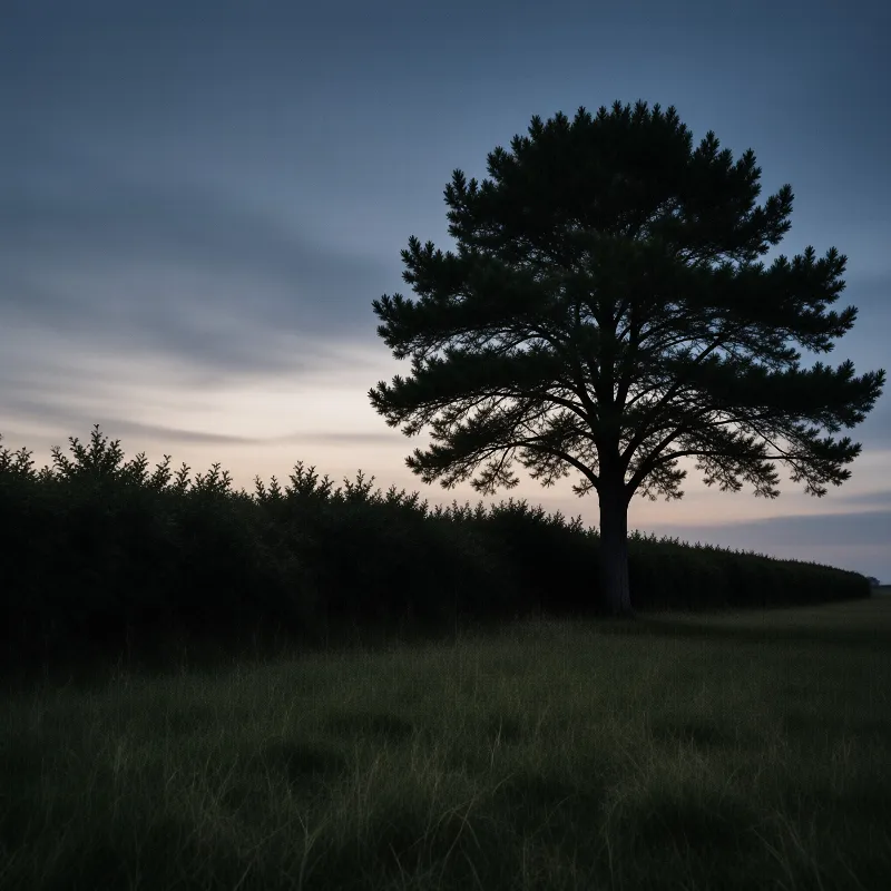 A dark tree stands alone against a fading blue and orange sky above a grassy field.
