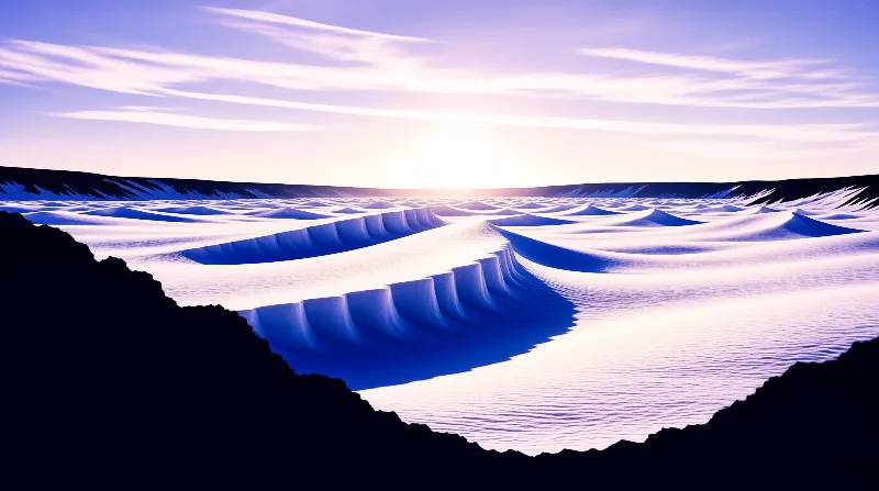 Surreal landscape featuring rhythmic blue and white terrain waves rising against a soft purple horizon.