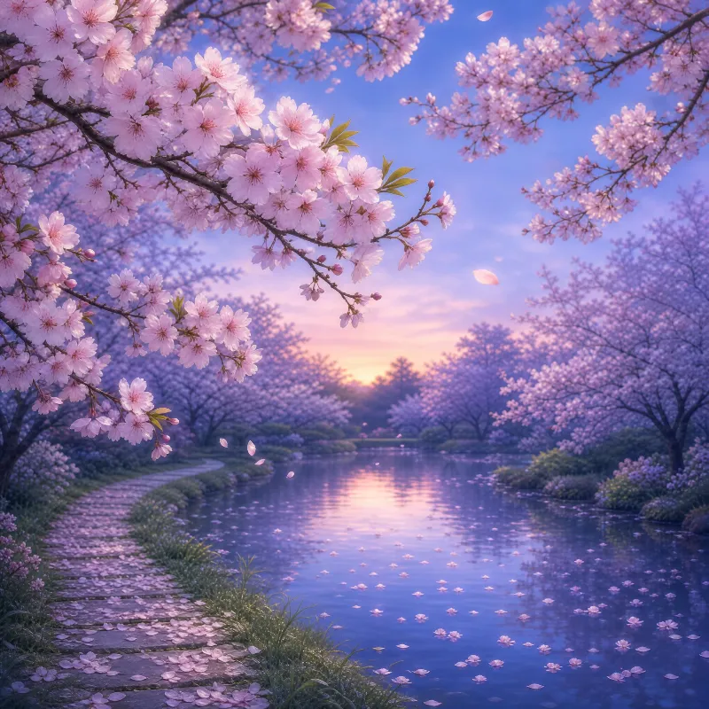 Cherry Blossom Lake at Sunset