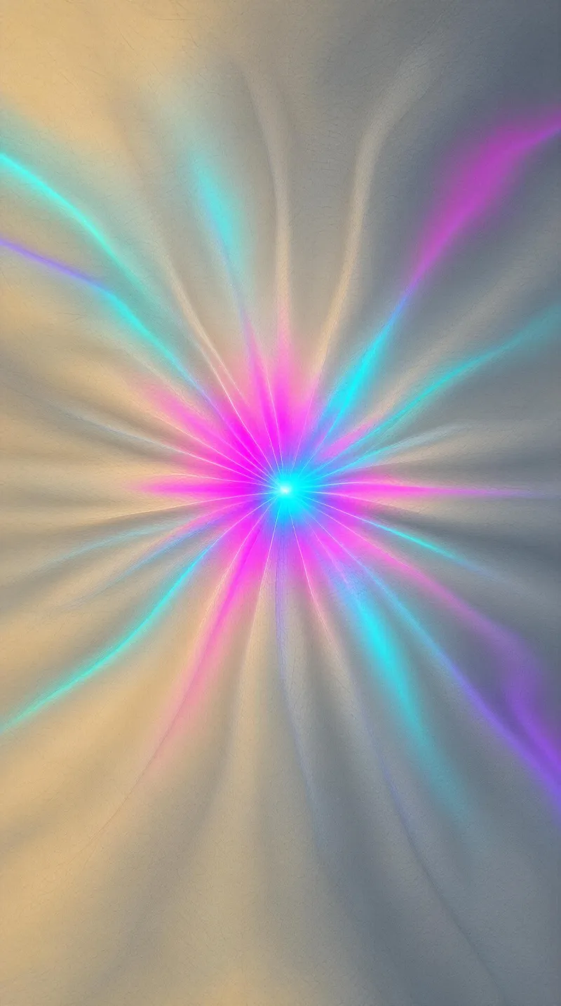 A bright central burst of light emits multicolored radial rays against a textured, muted background.